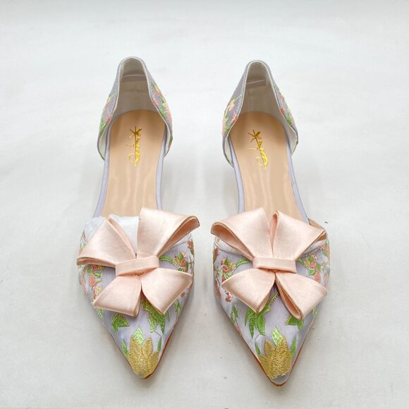XYD Flower Pink-bow D'Orsay Kitten Heel Bridal Bowknot Pumps Pointed Toe Shoes - Picture 3 of 8